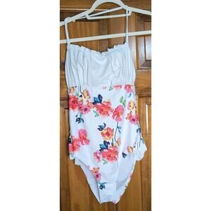 Beachsissi One Piece Swimsuit Ruched Top White And Floral Women's M(1087)